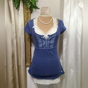 ♡ Y2K ♡ Abercrombie Blue Button Down Empire Waist Babydoll Henley Top